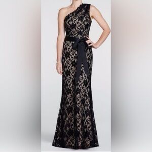 Betsy & Adam Black Lace One Shoulder Dress